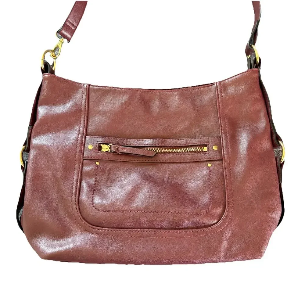 INC International Concepts Burgundy Top Zip Closure Hobo Bag Inside Pockets
